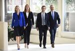 Lederne fra Alliance-partierne ses her sammen. Det er fra venstre mod højre Ebba Busch Thor, Annie Loof, Ulf Kristersson og Jan Bjorklund. Henrik Montgomery/AP