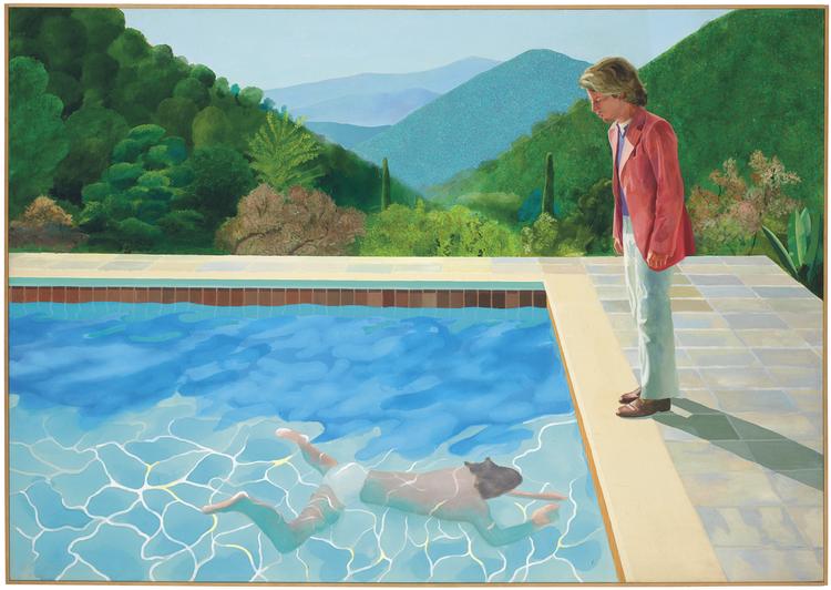 Maleriet 'Portrait of an Artist (Pool with Two Figures)' fra 1972 forestiller David Hockneys ekskæreste, der kigger ned på en ukendt skikkelse i vandet.
Foto: Christie's/AP
   /AP