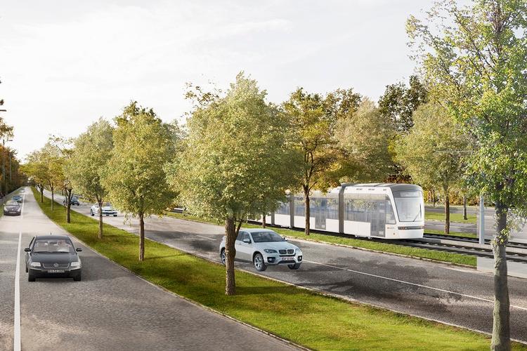 Hovedstadens Letbane har fået lavet mange illustrationer, som viser, hvordan letbanen kommer til at se ud. Her er det langs Gladsaxe Boulevard. 