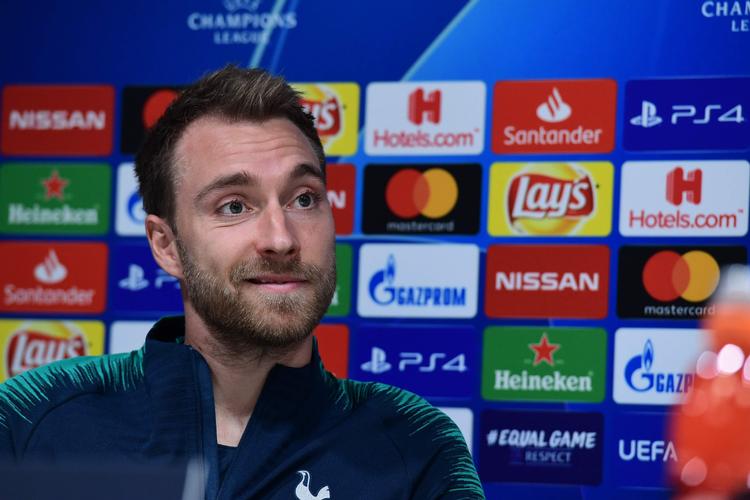 Ved mandagens officielle pressemøde var det Christian Eriksen, der repræsenterede Tottenham. Miguel Medina/Ritzau Scanpix