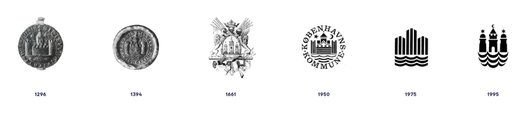 Københavns segl og byvåben gennem tiden. Klik på billedet for at forstørre det. 