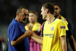 Chelsea manager Maurizio Sarri og  Andreas Christensen var tilfredse efter sejren i Saloniki. John Sibley/Ritzau Scanpix