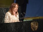 Equadors tidligere udenrigsminister og nuværende præsident for FN's Generalforsamling, Maria Fernanda Espinosa, på talerstolen foran Generalforsamlingen, juni 2018.  Loey Felipe/AP