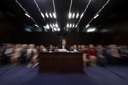 Præsident Trumps nominerede til højesteretten, Brett M. Kavanaugh, under en senatshøring i Capitol Hill, Washington D.C.  Alex Brandon/AP