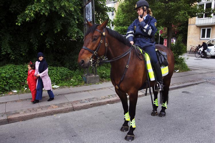 En kvindelig betjent til hest ved Blågårds Plads på Nørrebro i København. Ridende politi er ikke set siden 2012, men det er nu på vej tilbage i gadebilledet.
   Klaus Holsting/POLFOTO