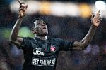 Med et hovedstødsmål bragte Paul Onuacho FCM på sejrskurs mod Vendsyssel. Jens Nørgaard Larsen/Ritzau Scanpix