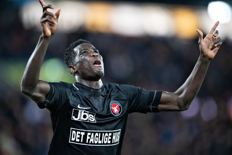 Med et hovedstødsmål bragte Paul Onuacho FCM på sejrskurs mod Vendsyssel. Jens Nørgaard Larsen/Ritzau Scanpix