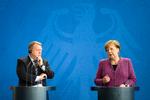Tysklands kansler, Angela Merkel, og Danmarks statsminister, Lars Løkke Rasmussen, holder pressemøde efter et møde i Berlin 12. april 2018. Foto: AP Photo/Markus Schreiber Markus Schreiber/AP