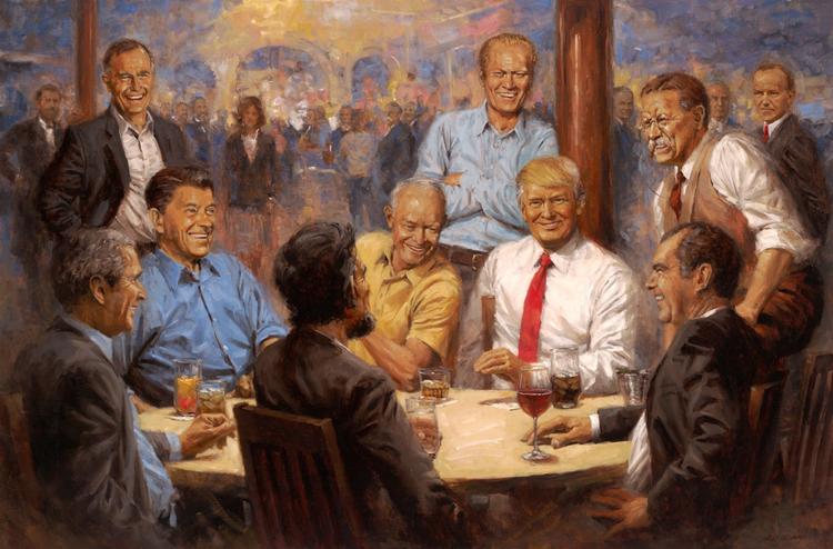 Trump er i selskab med Ronald Reagan, Abraham Lincoln, Richard Nixon, Teddy Roosevelt, Dwight Eisenhower, Gerald Ford, George H. W. Bush og George W. Bush på billedet. Handout Andy Thomas