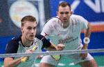 En kamp ved Denmark Open blev det til for Mads Conrad Petersen og Mads Pieler Kolding (tv.). Claus Fisker/Ritzau Scanpix