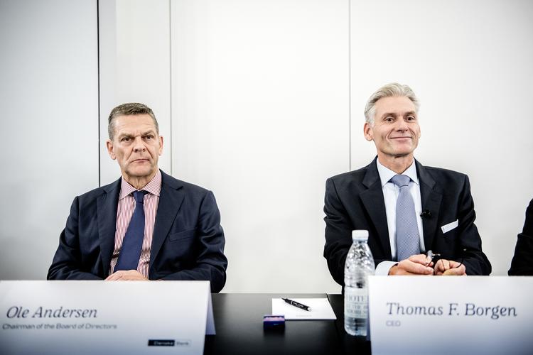 Bestyrelsesformand Ole Andersen (tv) og den nu forhenværende topchef Thomas Borgen ses her ved et pressemøde om den store hvidvask-sag, der har ramt Danske Bank. Nu vil whistleblower give politikerne sin version af hele miseren.
   Stine Bidstrup/ritzau/Stine Bidstrup