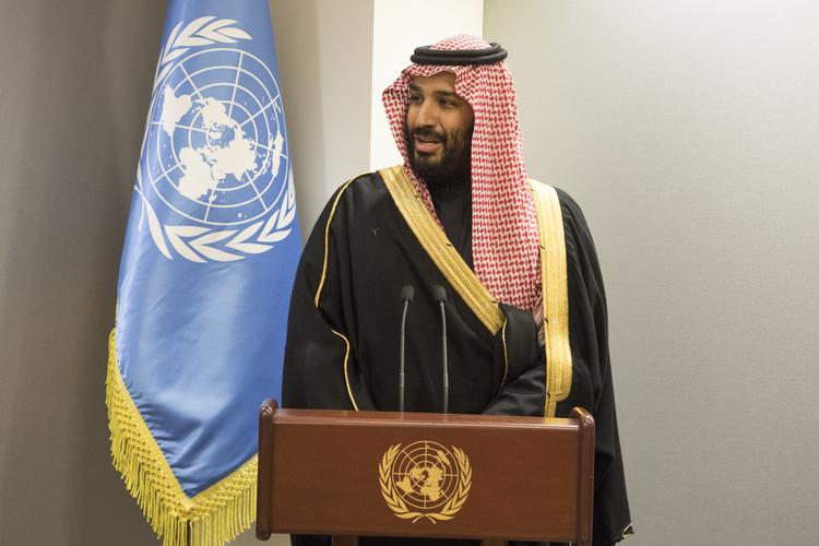 Saudi-Arabiens kronprins, Mohammed bin Salman, på talerstolen under en FN-ceremoni i marts. Eskinder Debebe/AP