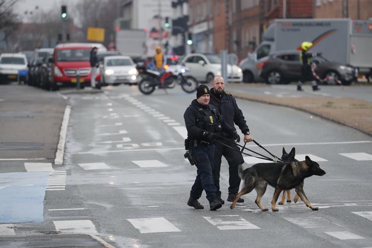 Søborg Hovedgade var tidligere i dag spærret af, og politiet eftersøgte området med hunde efter et knivoverfald tirsdag formiddag.  Jens Dresling/POLFOTO