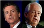 Demokraten Gavin Newsom (t.v.) og republikaneren John Cox stiller begge op til guvernørposten i Californien. Bagsiden har faxet en stemmeseddel, som i princippet kan blive afgørende for udfaldet. Rich Pedroncelli/AP