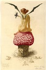 På udstillingen kommer man helt tæt på Louis Moes  overlegne teknik. Louis Moe: ' Amanita Muscaria Op 82', 1920. Storm P. Museet