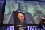 Videoen viser Hatice Cengiz, der var forlovet med den myrdede saudiske journalist Jamal Khashoggi. (AP Photo/J. Scott Applewhite)
   J. Scott Applewhite/AP