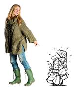 Pernille Aalund med sin nisse, tegnet af Claus Nørregaard. Tegning: Claus Nørregaard 