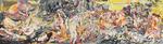 Det ti meter brede triptykon 'Where, When, How Often and with Whom?' fra 2017 tager afsæt i et pressefoto af en kvinde, der blev tvunget til at tage sin burkini af på en strand i Nice. Cecily Brown