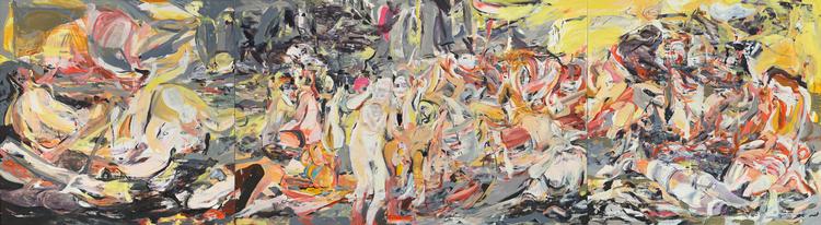 Det ti meter brede triptykon 'Where, When, How Often and with Whom?' fra 2017 tager afsæt i et pressefoto af en kvinde, der blev tvunget til at tage sin burkini af på en strand i Nice. Cecily Brown
