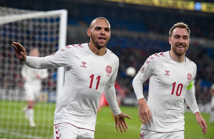 Halvdelen af Danmarks mål i 2018 er scoret af Martin Braithwaite (tv.) med 2 og Christian Eriksen (th.) med 4.. Lars Poulsen/POLFOTO