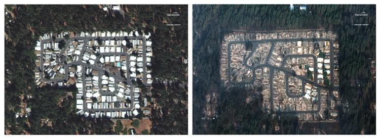 Et før og efter-billede viser ødelæggelserne i et af den nu stort set udbrændte by Paradises kvarterer. Det understreger problemet af at opføre beboelsesområder i risikoområder, hvor naturbrande kan opstå. /AP