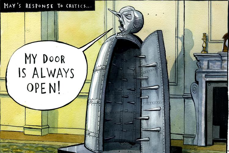 En lang række britiske satiretegnere og stand up-komikere insisterer på, at latteren og selvironien spiller en central rolle i briternes forsøg på at komme videre efter Brexit-afstemningen, som splittede befolkningen i to næsten lige store lejre. Illustration: Morten Morland/The Times 