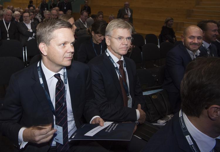 Jan Thorsgaard Nielsen (tv.) og Karsten Dybvad på Danske Banks bestyrelsesmøde i dag.  Foto: Claus Bech/Ritzau Scanpix