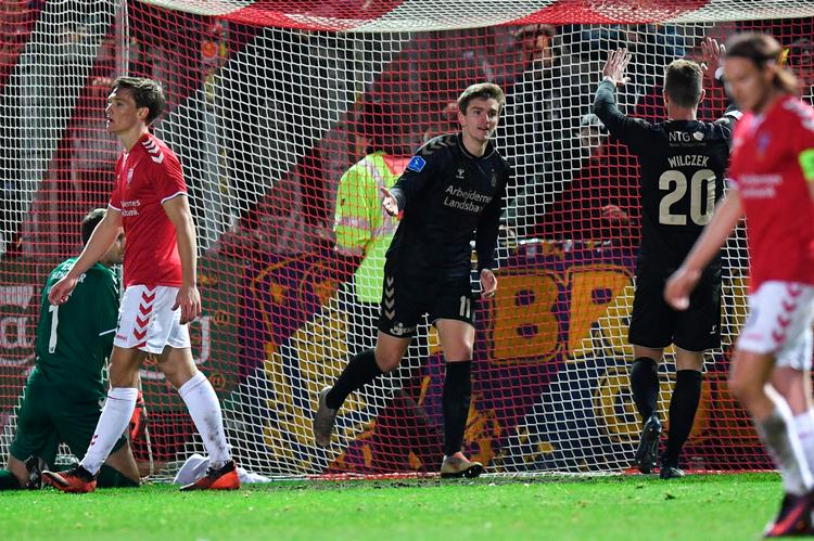Mikael Uhre og Kamil Wilczek stod for de to Brøndby-mål i det første kvarter af 2. halvleg.  Foto: Claus Fisker/Ritzau Scanpix