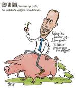 Spots 5-mands redaktion tæller Danske Bladtegneres formand, Lars Refn, og flere af bestyrelsens medlemmer. Mange dygtige tegnere, også bidske tekstforfattere. Men nok mere bid end ligefrem sprudlende vid. Tegning: Lars Refn 