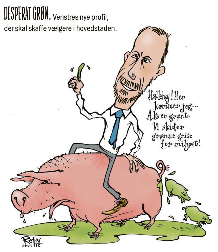 Spots 5-mands redaktion tæller Danske Bladtegneres formand, Lars Refn, og flere af bestyrelsens medlemmer. Mange dygtige tegnere, også bidske tekstforfattere. Men nok mere bid end ligefrem sprudlende vid. Tegning: Lars Refn 