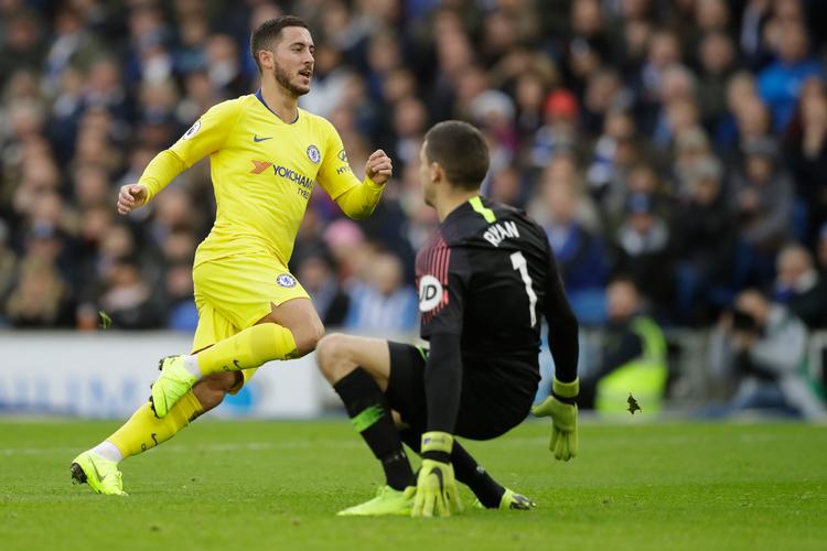 Chelseas Eden Hazard scorede sit 8. sæsonmål, da han øgede til 2-0 i Brighton, og lagde tidligere i kampen op til Pedros scoring.  Foto: Matt Dunham/AP