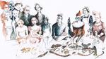 Familien K. er samlet, men det er svært at vide, hvem der er døde, og hvem der rent faktisk fortsat lever, i Oscar K.s og Dorte Karrevæks bog 'Lighuset i Breslau'.  Illustration:  Dorte Karrebæk