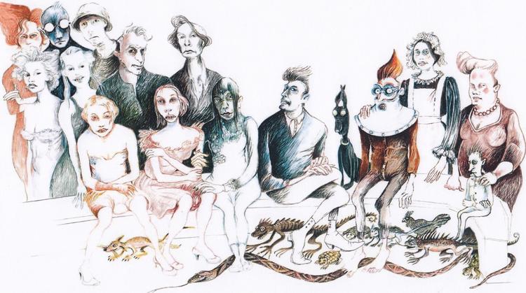 Familien K. er samlet, men det er svært at vide, hvem der er døde, og hvem der rent faktisk fortsat lever, i Oscar K.s og Dorte Karrevæks bog 'Lighuset i Breslau'.  Illustration:  Dorte Karrebæk