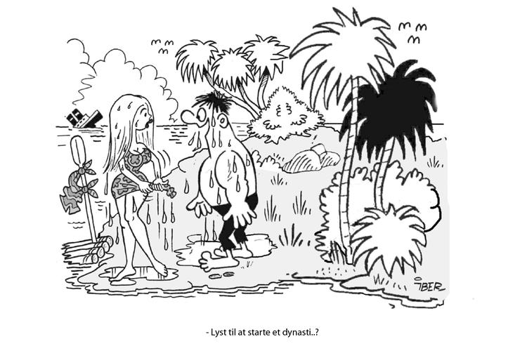 Fantasien om den øde ø er stadig godt stof. Her får manden i hvert fald en glimrende idé. Fra årets Hudibras. Illustration IBER