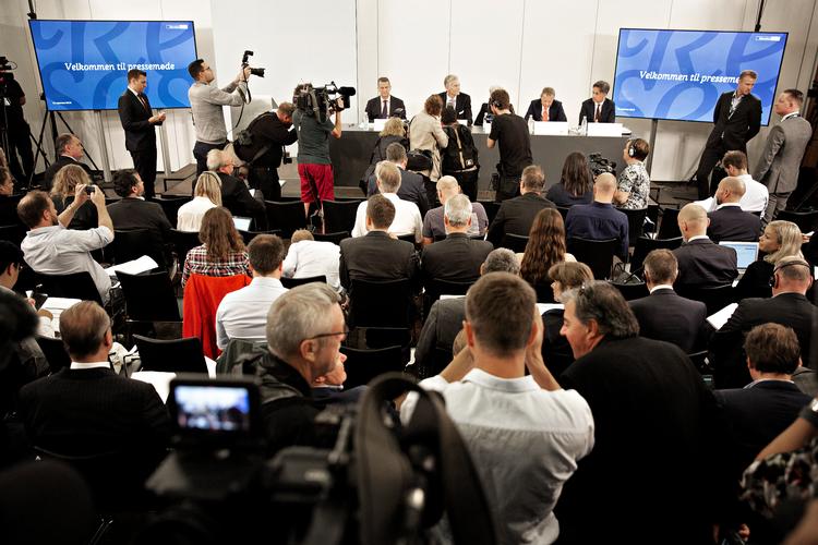 Exit. Pressemøde i Danske Bank om den interne undersøgelse af hvidvask i bankens estiske filial. Sagen fik administrerende direktør Thomas F. Borgen til at forlade posten som Danske Banks topchef.
 Foto: Martin Lehmann/POLFOTO