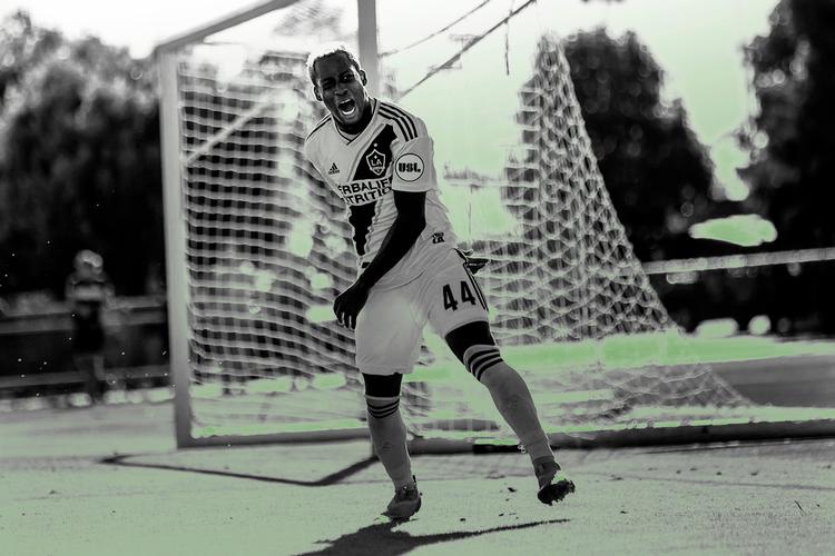 Geoffrey Acheampong fejrer her et mål for LA Galaxy II, som den tidligere Right to Dream-elev har spillet for siden marts 2018. Foto: Stephanie Romero/LA Galaxy 