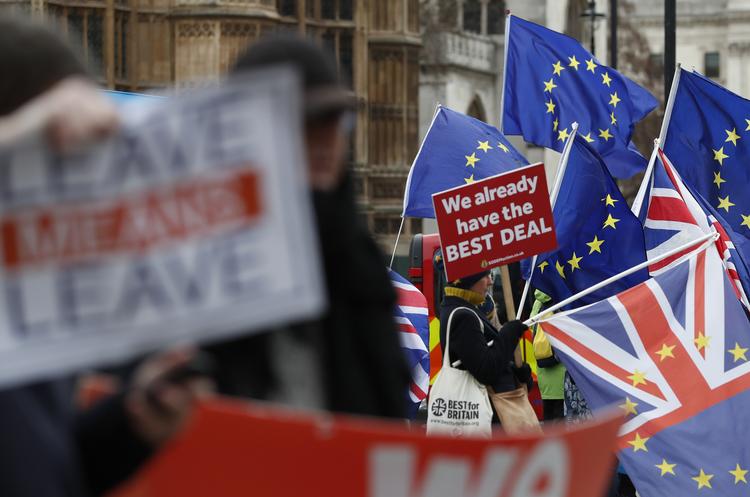 Demonstranter fra begge lejre flager uden for Parlamentet i London. Foto: Alastair Grant/AP