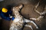 Arkæologer har fundet en stald med tre heste i et nyligt udgravet område af Pompeji.  Foto: Cesare Abbate/AP