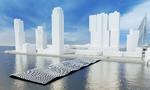 Sådan forestiller arkitekter og designere sig, at det kombinerede kunstværk og solpanelpark på vandet kommer til at se ud. Illustration:  Mothership