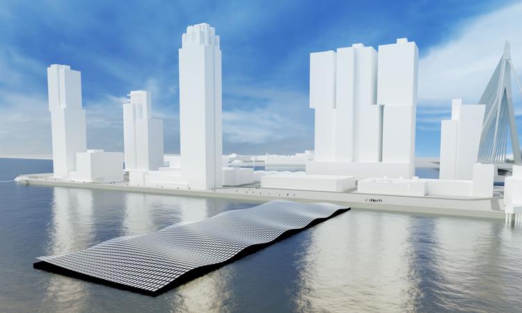 Sådan forestiller arkitekter og designere sig, at det kombinerede kunstværk og solpanelpark på vandet kommer til at se ud. Illustration:  Mothership