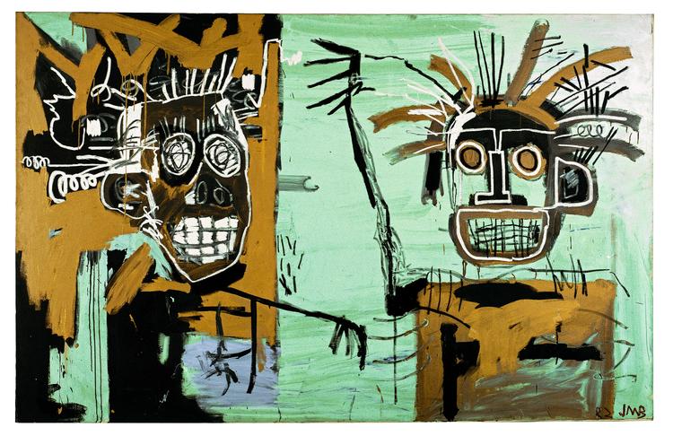 Dobbeltportræt. 'Two on Gold' var Basquiats egen titel på dette relativt store maleri fra 1982, som måler mere end to meter i højden og tre i bredden. Teknikken er acrylmaling og oilstick. Tilhører The Estate of Jean-Michel Basquiat. Foto: Courtesy Galerie Enrico Navarra, Paris.