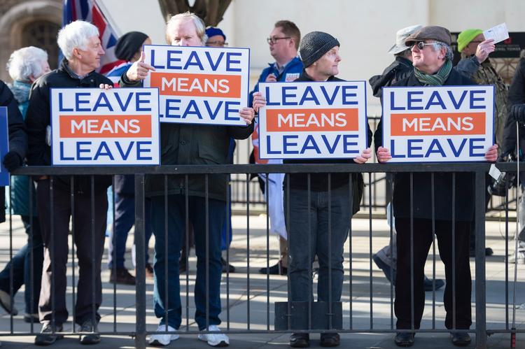 Probrexit-demonstranter fotograferet foran parlamentet i dag.  Foto: Niklas Halle'n/Ritzau Scanpix