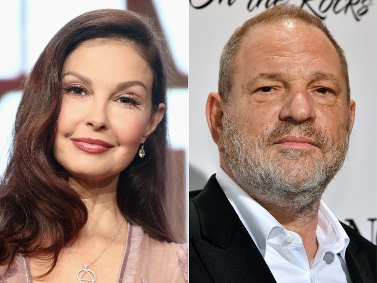 Ashley Judd (tv) hævder, at hun under et møde på et hotelværelse i 1997 om mulige filmroller afviste seksuelle tilnærmelser fra Harvey Weinstein (th).  Foto: Frederick M. Brown, Yann Coatsal/Ritzau Scanpix