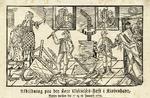 Mange ejendomme blev ødelagt, da folkemængden trængte ind i dem og smadrede inventar. Her er døren slået ind i et hus, og inventaret slået itu. På gulvet ses den smadrede punchebolle, glas og flasker, mens et par damer og en lille pige ser til. Træsnit:  Johan R. Thiele, 1772. Det Kongelige Bibliotek.