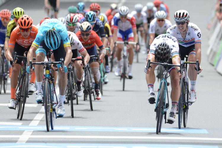 Peter Sagan og Luis León Sánchez (t.v.) skyder ryg og presser cyklerne frem med den ultimative kraftanstrengelse, og Sagan krydser målstregen trekvart hjul foran rivalen til sejr på 3. etape i Tour Down Under. Foto: Brenton Edwards/Ritzau Scanpix