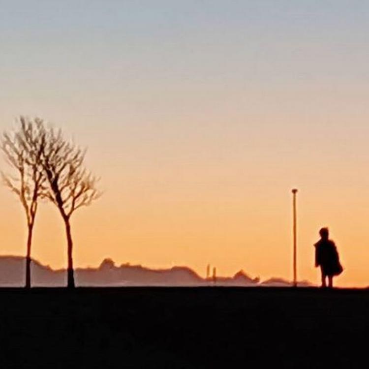 En lille dreng kom gående, mens solen var ved at stå op ved Skæring.  Foto: @lisekryger
