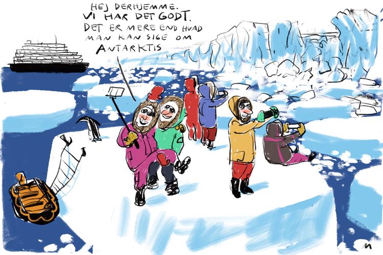 
 Antarktis tilbydes som et eksklusivt turistmål mens tid er.
   Tegning Mette Dreyer