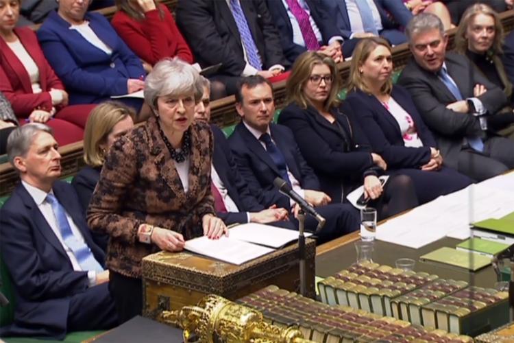 Theresa May ved dagens diskussion i parlamentet.  Foto: Ho/Ritzau Scanpix