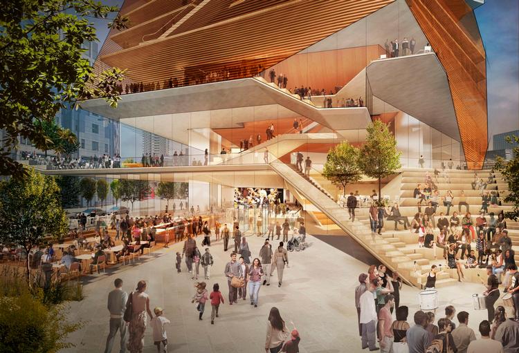 Der skal være offentlig adgang til de nederste etager, der fungerer som koncerthusets foyer. Illustration:  Diller Scofidio + Renfro / AFP