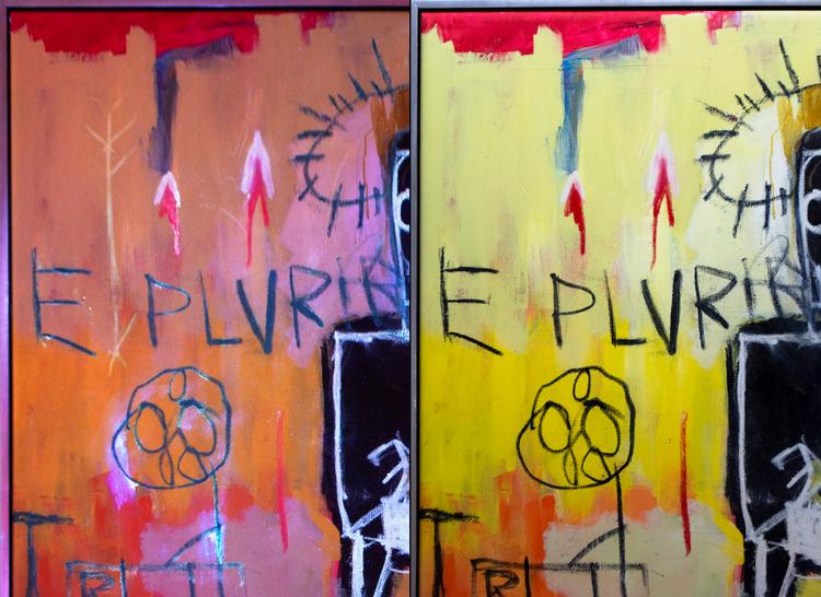 Til venstre ses Basquiat-billedet fra 1981, hvor en hvid pil træder frem. Til højre ses værket i dagslys. Foto: Longevity Art Preservation  